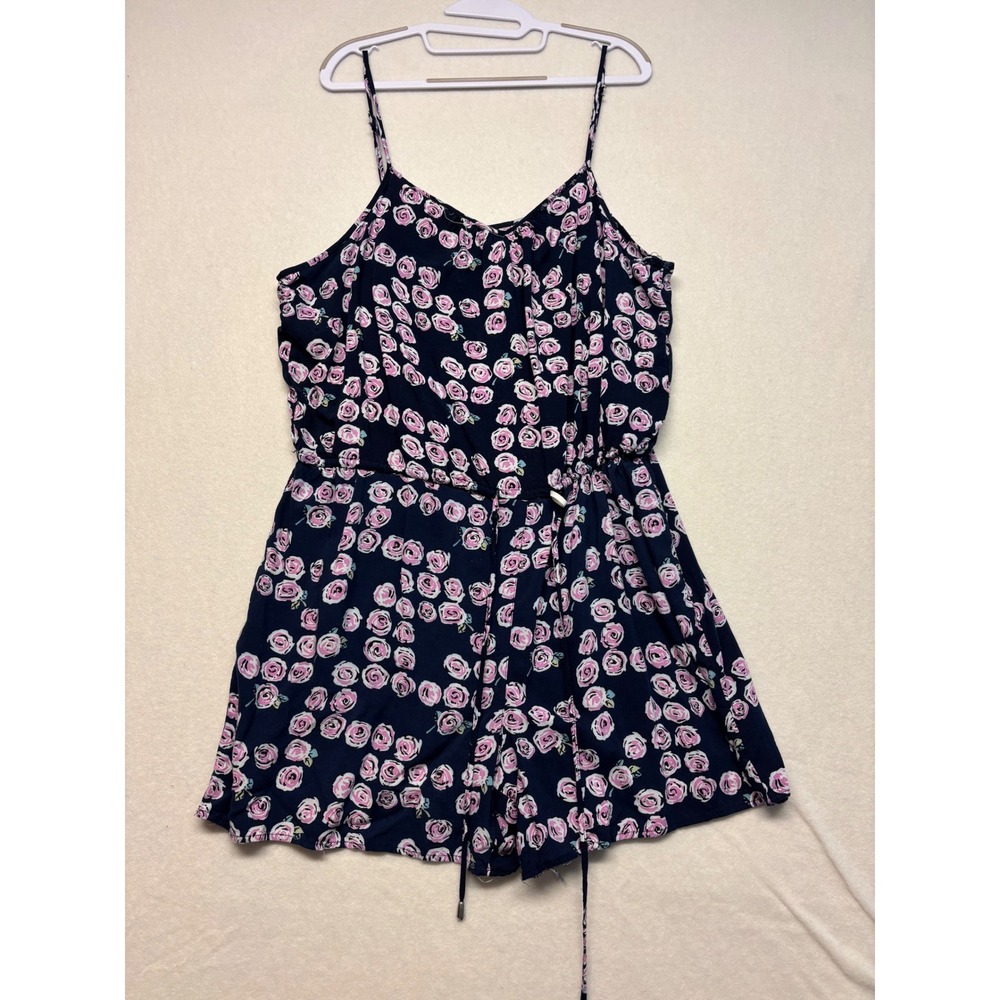 Aviva Women Plus Size 3X Navy Blue Pink Rose Floral Romper Spaghetti Strap